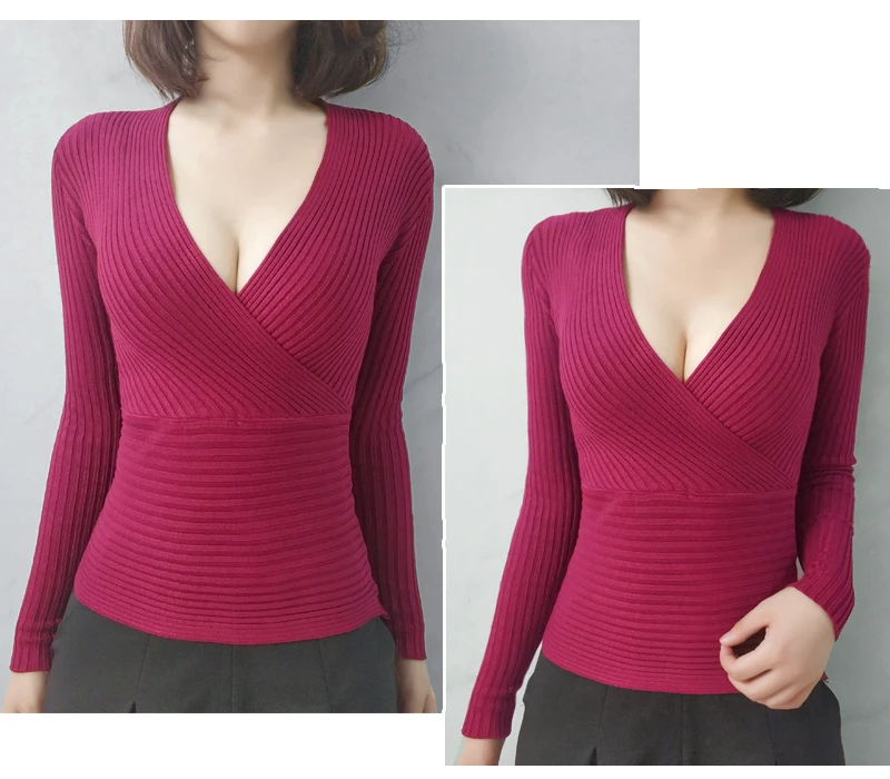 Женские сексуальные вязаные тянущиеся пуловеры с v-образным вырезом и длинным рукавом, свитера для девочек, вязаный однотонный вязаный свитер, Топ для женщин