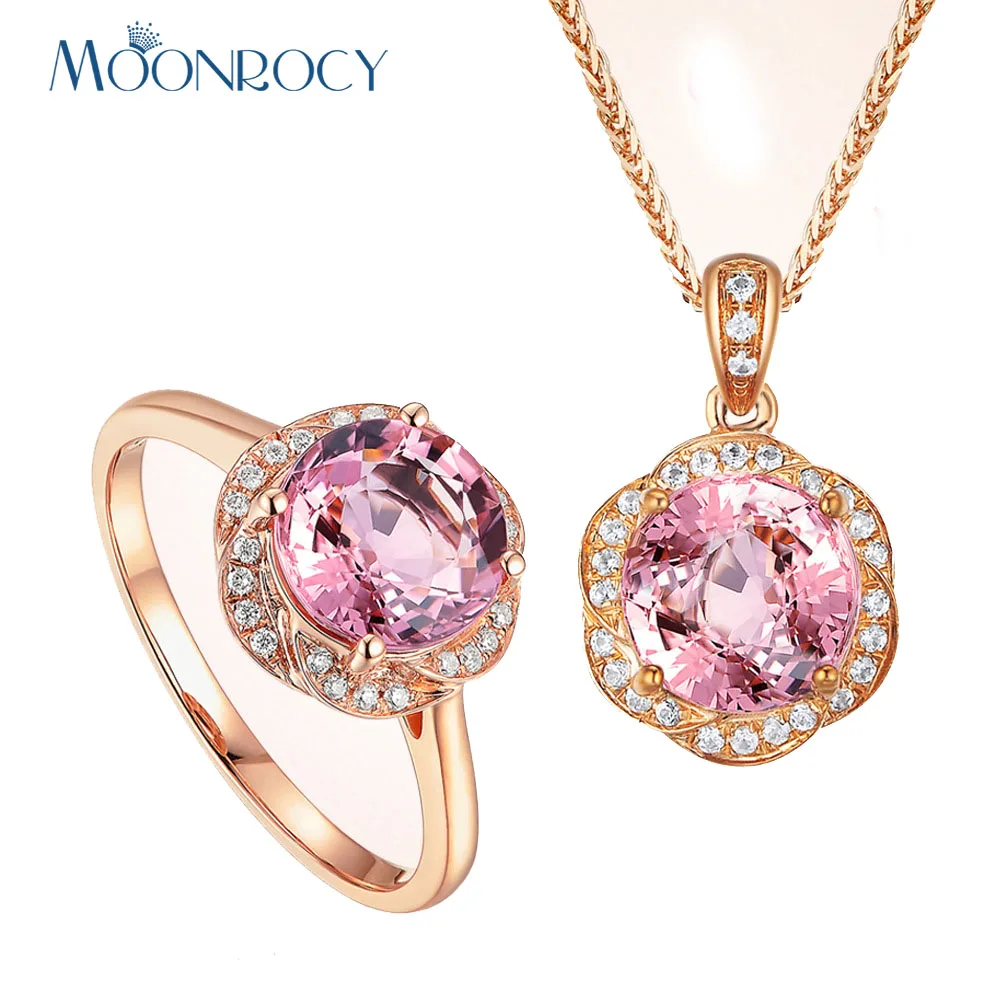 

MOONROCY Rose Gold Color CZ Cubic Zirconia Pink Crystal Pendant Necklace and Ring Jewelry Set Choker Womens Gift Drop Shipping