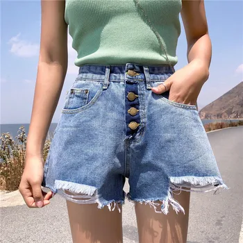 

New Summer Denim Shorts Cotton Women 2019 Vintage High Waist Hole Denim Shorts Loose Harajuku Irregular Denim Hot Pants Female