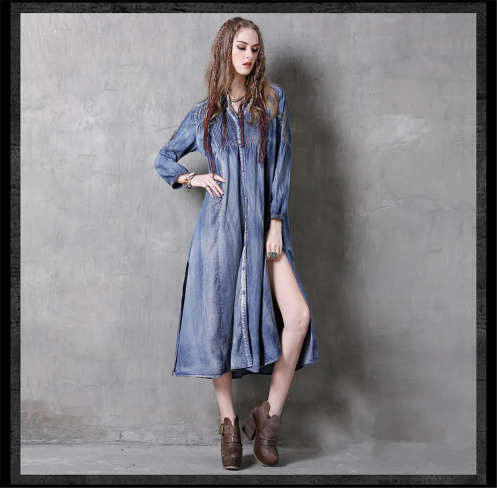 Vintage Spring Dress 2018 New Long Sleeve Denim Dresses V-Neck Patchwork Single Breasted Dress Women Vestidos Autumn Vestido (5)