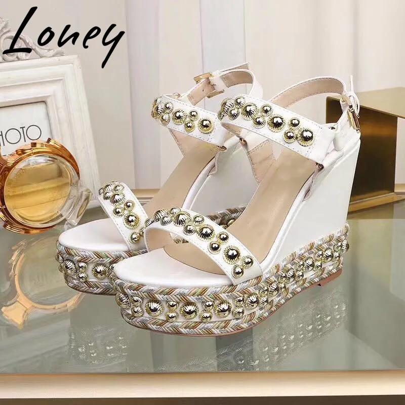 

Loney New Genuine Leather Rivets Studded Summer Sandals Open Toe Buckle Strap HIgh Heel Wedges Shoes Women Branded