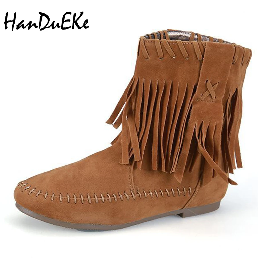 Western Fringe Cowboy Boots For Women Round Toe Low Heel Flat Tassel