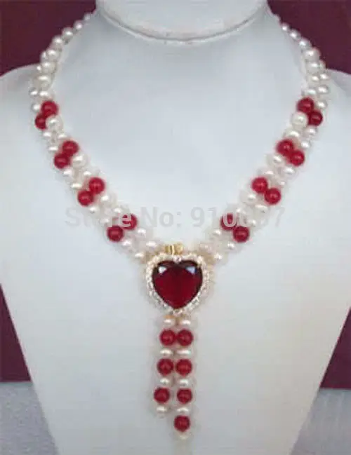 

LHX54013>>charming ! 2Rows White Pearl & Red Ruby Heart Necklace