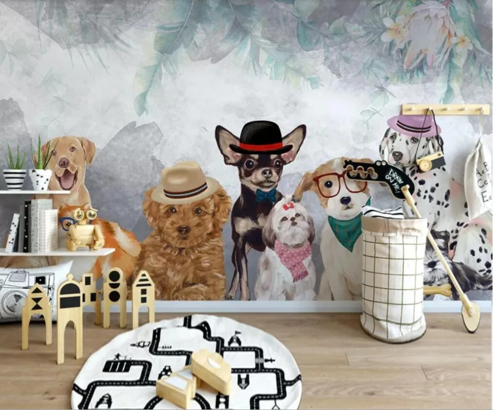 На заказ обои мультфильм ручная роспись домашнее животное щенок личность детская комната украшение стены-высококлассный водостойкий