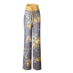 2018 Для женщин свободные широкие брюки длинные брюки Цветочный принт Повседневное Высокая Талия Palazzo Брюки пижамные Брюки для девочек дома 4