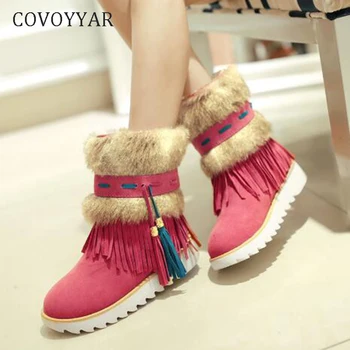 

COVOYYAR 2019 Fringe Women Boots Wedge Platform Winter Ankle Boots Beaded National Tassel Warm Snow Boots Big Size 40-43 WBS009