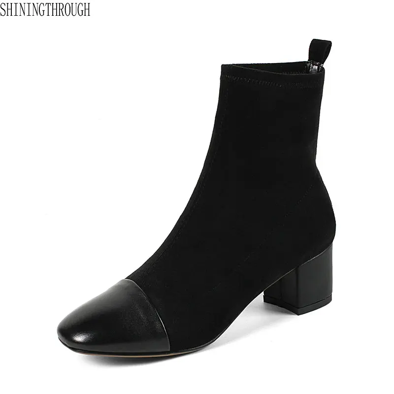 

New elegant women ankle boots cow leather square toe high heels dress boots woman sexy patchwork ladies dress shoes woman