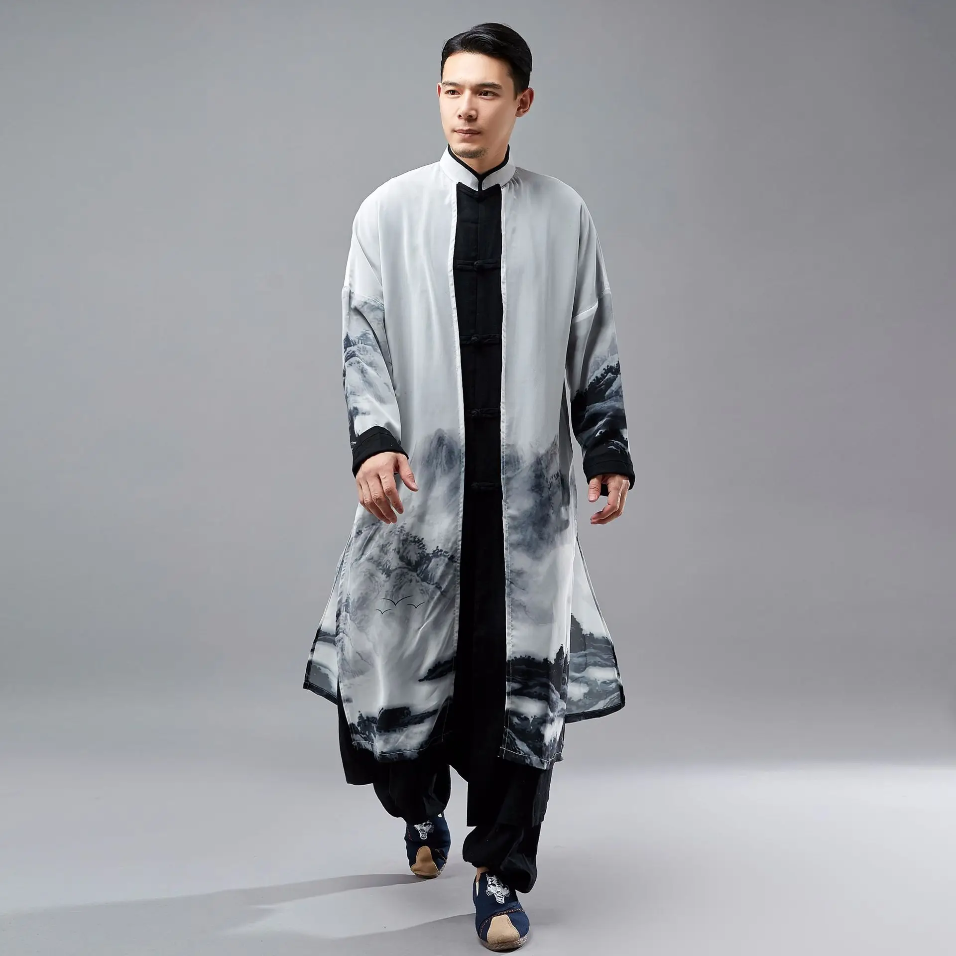 Для мужчин китайский Стиль Демисезонный хлопок белье шифон сращивания длинная рубашка Тренч мужской Повседневное халат куртка