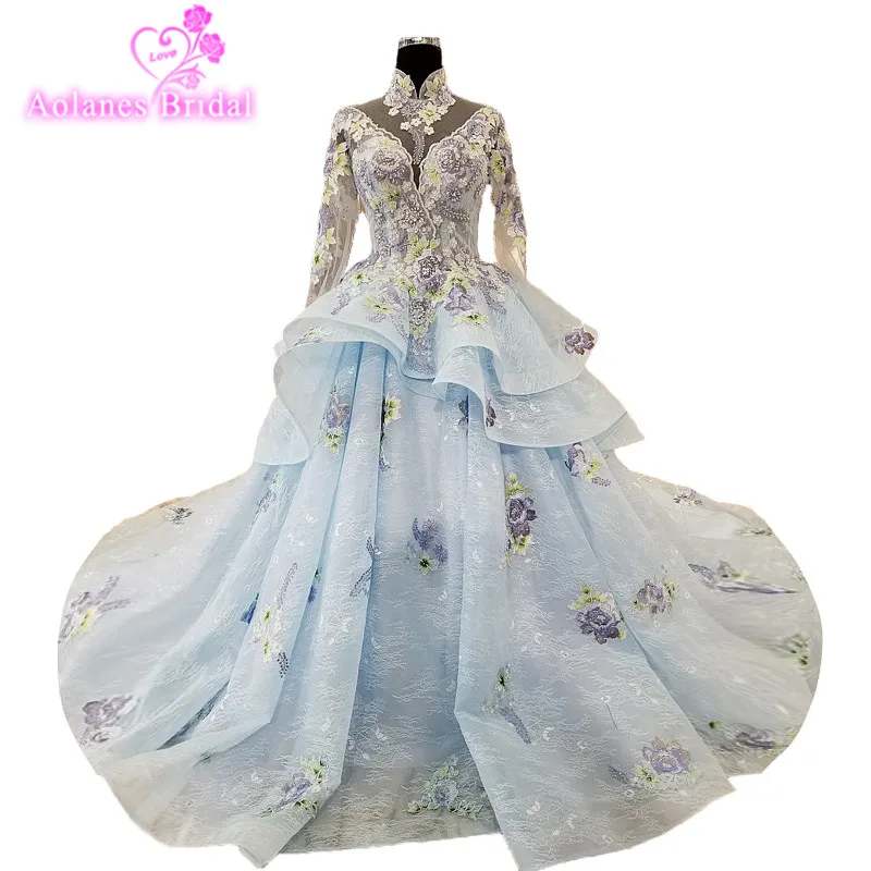 

2018 New Blue Lace High Neck Long Sleeve Wedding Dresses Cathedral Train Lace Up Ball Gown Illusion Wedding Gowns Real Photos