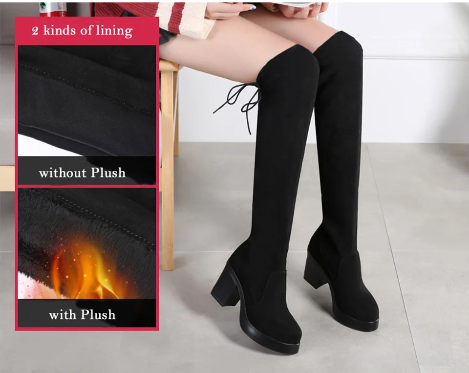 EOFK/женские Сапоги выше колена; женские теплые плюшевые высокие сапоги на платформе; кожаные сапоги на квадратном каблуке