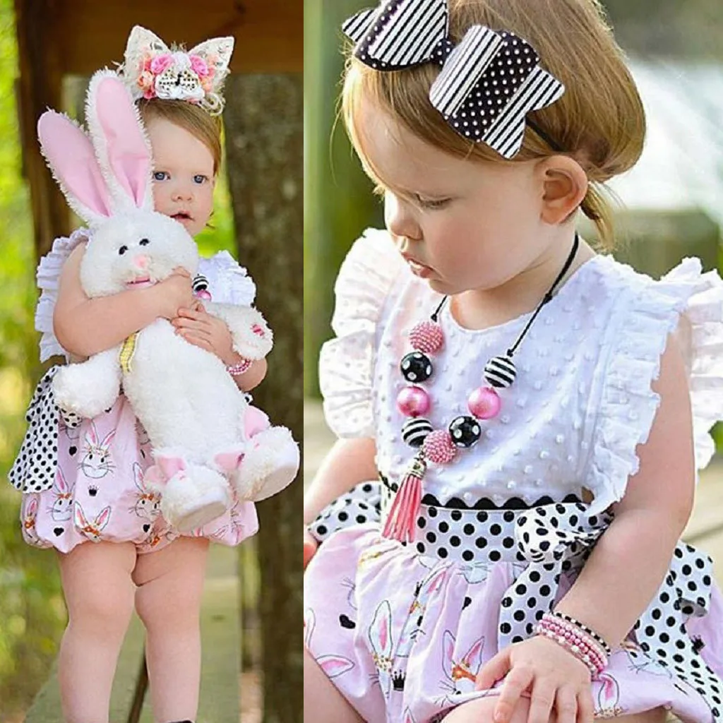 

Newborn Infant Baby Girl O-neck Easter Bunny Ruffled Dot Bowknot Romper Bodysuit Clothes Girls Sweet Cute princess Clothes Set