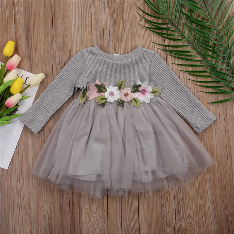 Платье для маленьких девочек с длинными рукавами и цветочным принтом; цвет розовый, серый, белый; осенние кружевные фатиновые платья принцессы с круглым вырезом для выпускного вечера