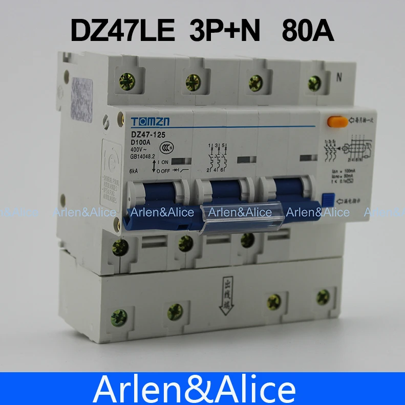 DZ47LE 3P+N 80A D type 400V~ 50HZ/60HZ Residual current Circuit breaker 