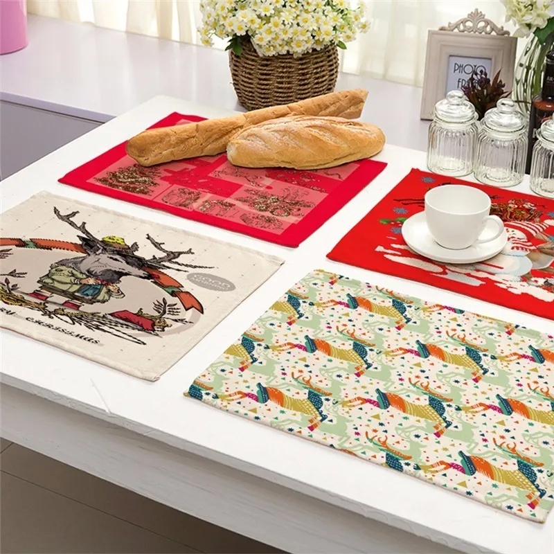 40x32cm Christmas Tree Snowman Printed Placemats Dining Tables Cotton Linen Cloth Coffee Tea Cup Pad Kitchen Placemat for Table