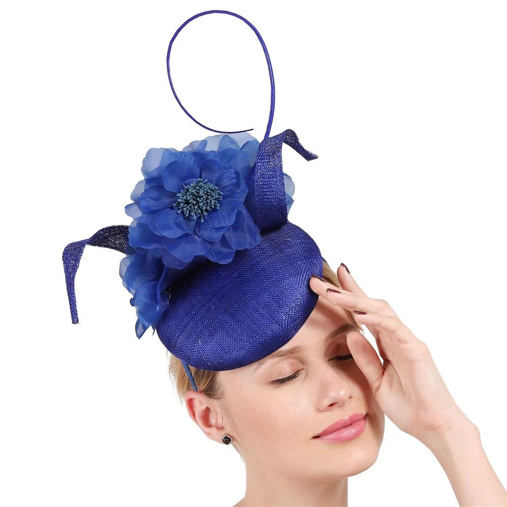 

amazing 4-layer sinamay prom occasion fascinators accessories royal blue hats nice flower headpiece female headwear High quality