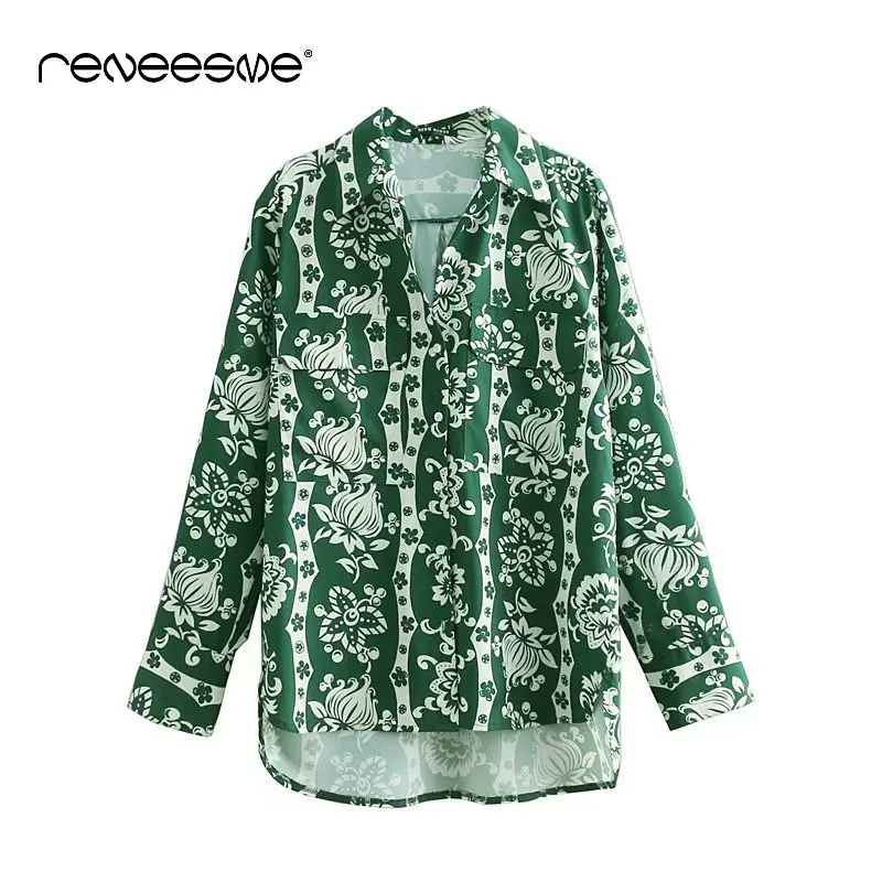 

spring 2019 new women green prints blouse pockets pleated turn down collar irregular long sleeve shirt female casual tops blusas