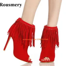 Модные женские замшевые ботильоны высокого качества с открытым носком и кисточками на высоком каблуке ботильоны на тонком каблуке с вырезами