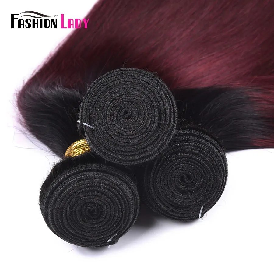 Fashion Lady Pre-Colored Ombre Brazilian Hair 3 Bundles With Lace Closure 1B/ 99J Straight Weave Human Hair Bundle Pack Non-Remy