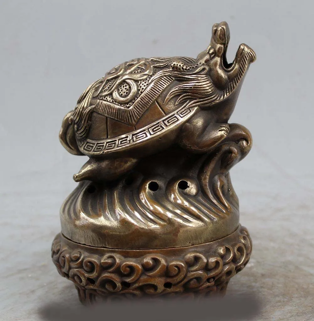 

6" Old China Chinese Dynasty Palace Bronze Dragon Turtle Statue Incense Burner