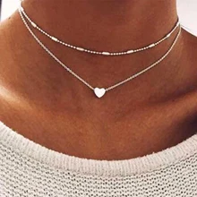 Silver Gold Color Love Heart Pendant Necklace Short Chain Layered Choker Necklace Women Statement Collar Jewelry