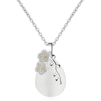 

New Creative Drop Water Shaped Opal Women Cherry 925 Sterling Silver Fashion Jewelry Fresh Flower Branch Pendant Necklaces N517