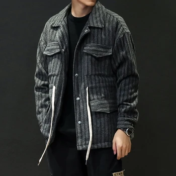 

Men's Striped Trench 5XL 2019 Winter Coat Men Fashion Turn-down Collar Single Breasted Pea Coat Jacket Men Overcoats 4XL #3013