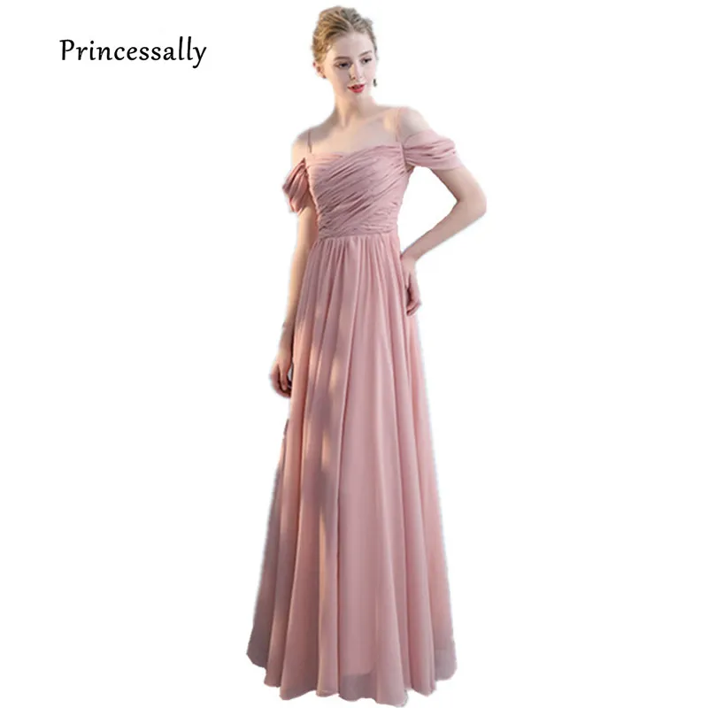 

Robe De Soriee New Flesh Pink Bridesmaid Dress Long Pleat Spaghetti Straps Sexy Boat Neck Cheap Elegant Bride Banquet Party Gown