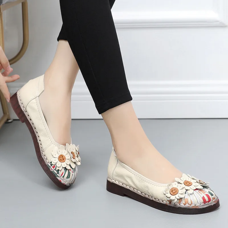 Skup MUYANG kobiety mieszkania 2019 ręcznie płaskie buty ze skóry naturalnej kobieta miękkie wygodne eleganckie buty wsuwane kobiet