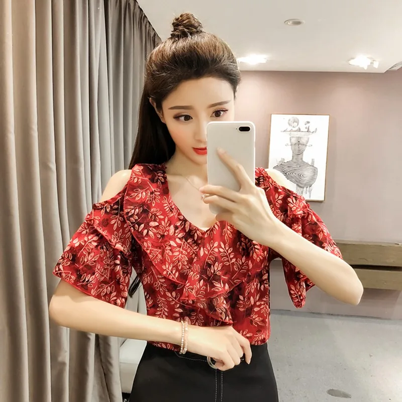 

Floral Print Womens Tops And Blouses Camisas Mujer V-Neck Short Flare Sleeve Ruffles Cold Shoulder Chiffon Women's Blouse