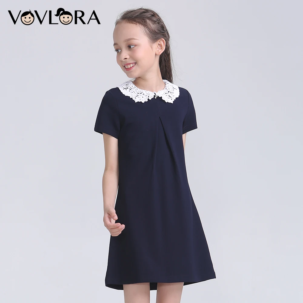 

Short Sleeve Detachable Collar Lace Kids Girls Dress O Neck Formal Solid Girls Dress 2018 Autumn School Uniform Size 6 7 8 Years