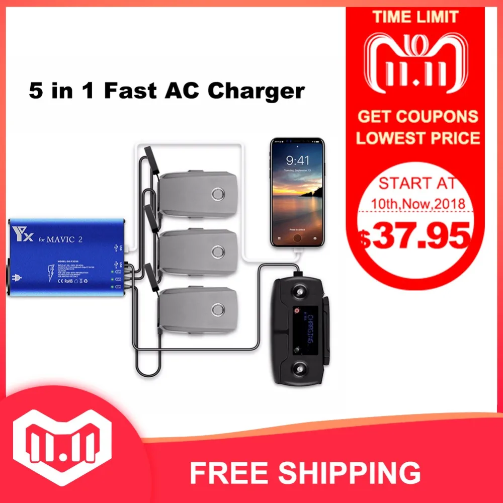 

5in1 Multiple Intelligent Charging Hub Fast AC Charger for DJI Mavic 2 Pro / Zoom Drone Battery Car Charging Adapter EU/US Plug