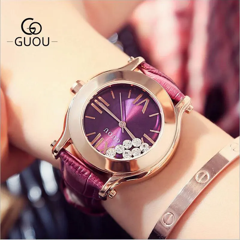 

GUOU Women Watches Fashion Rhinestone Glitter Wristwatches Luxury Leather Diamond Ladies Watch saat relogio feminino reloj mujer