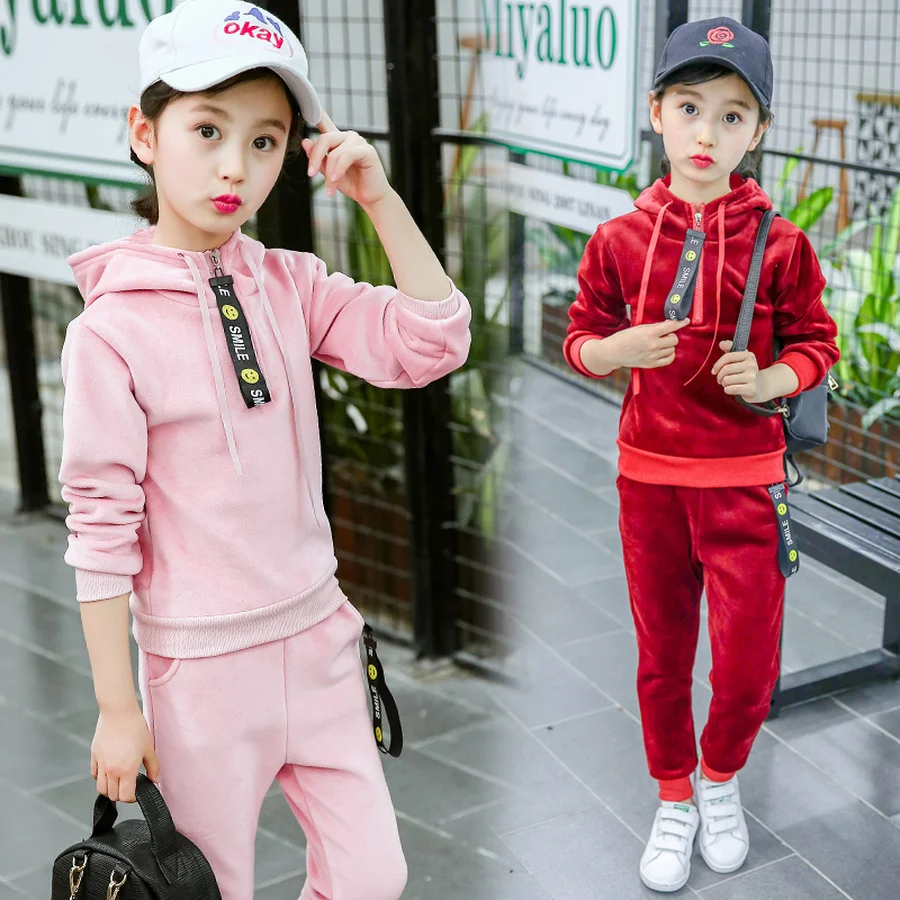 

Kids Sports Suit Tracksuit 6 8 10 12 Years Velvet Long Sleeve Hooded Sweatshirt+Pant for Girl Autumn Children Clothing Set