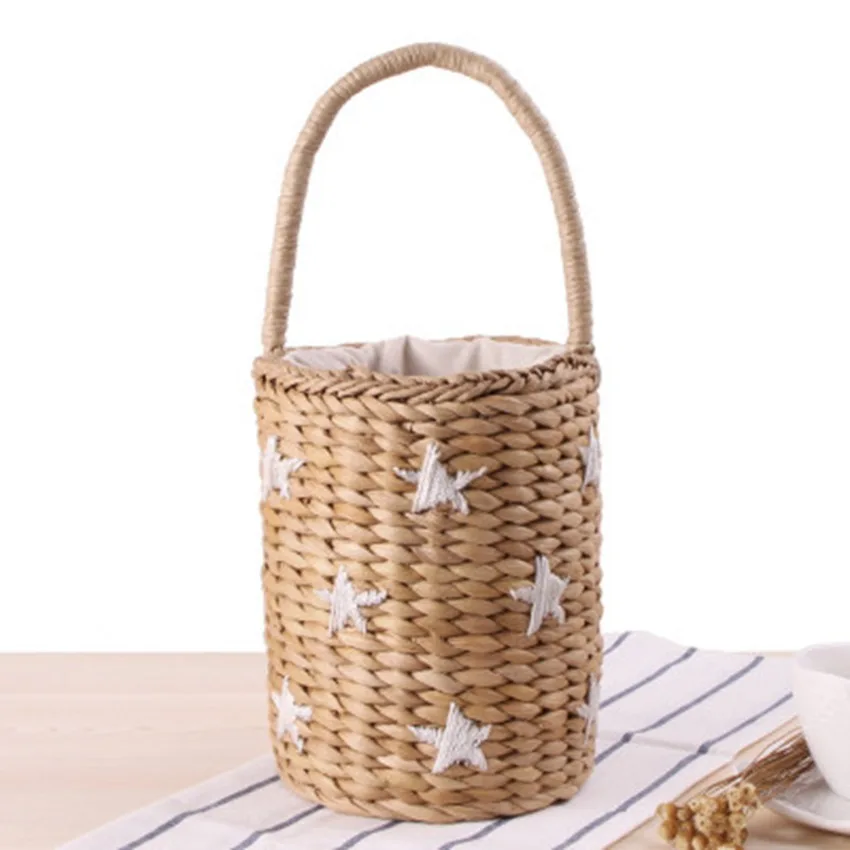 

Portable bucket woven bag hand carry hand embroidery stars smile face straw bag college wind summer vacation beach bag