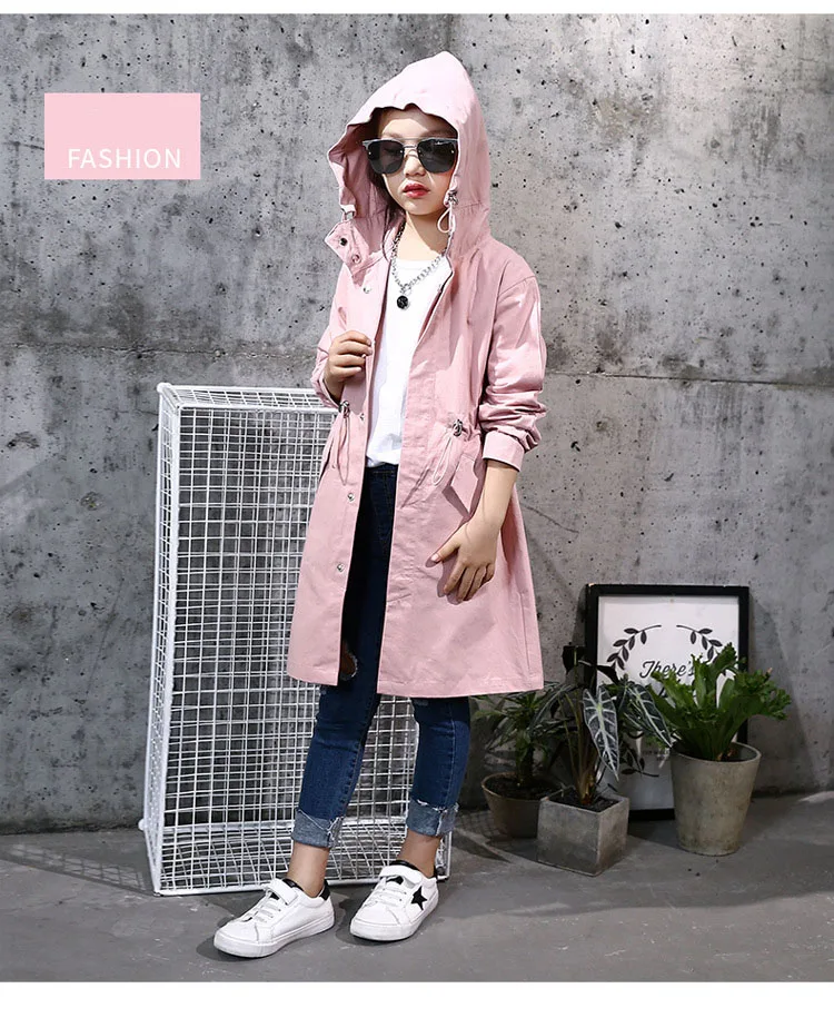 2 colors hooded long jackets for girls outerwear & coats clothing children long sleeve pockets kids trench coat autumn 2017 tops 4 5 6 7 8 9 10 11 12 13 14 15 16 Years old little big girls pink khaki long hooded coats clothes (8)