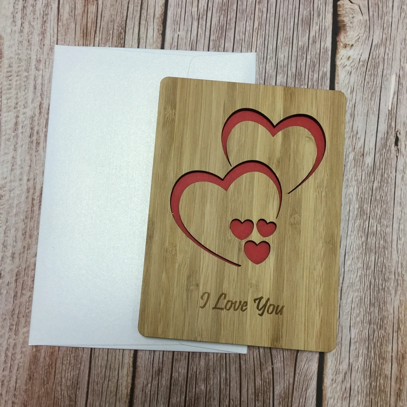 

I Love you card bamboo wood greeting card happy valentines day gift invitation card