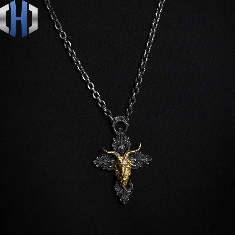 Дизайн ручной работы Серебряный Темный ангел сатана Рог Ожерелье Подвеска крест кулон