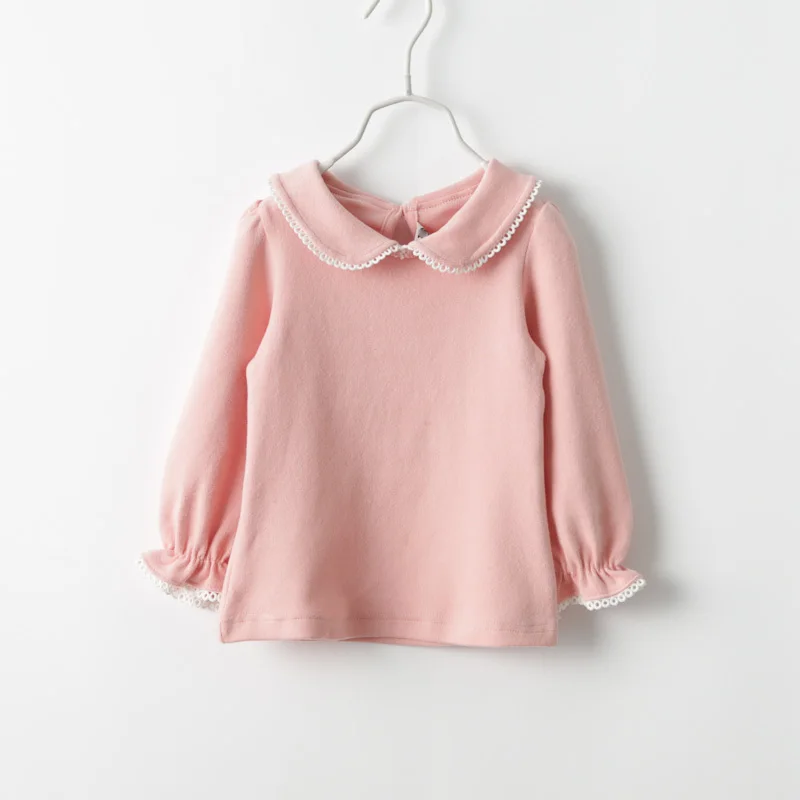 Новая стильная детская футболка с длинными рукавами на весну и осень для маленьких девочек, милые модные футболки с отворотом wawa shan - Цвет: Розовый