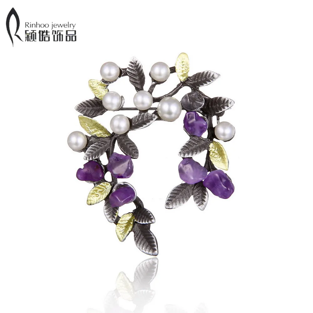 

Colorful Natural Stone Leaf Brooches Pins Vintage Style Imitation Pearl Big Women Brooch Wedding Accessories Jewelry