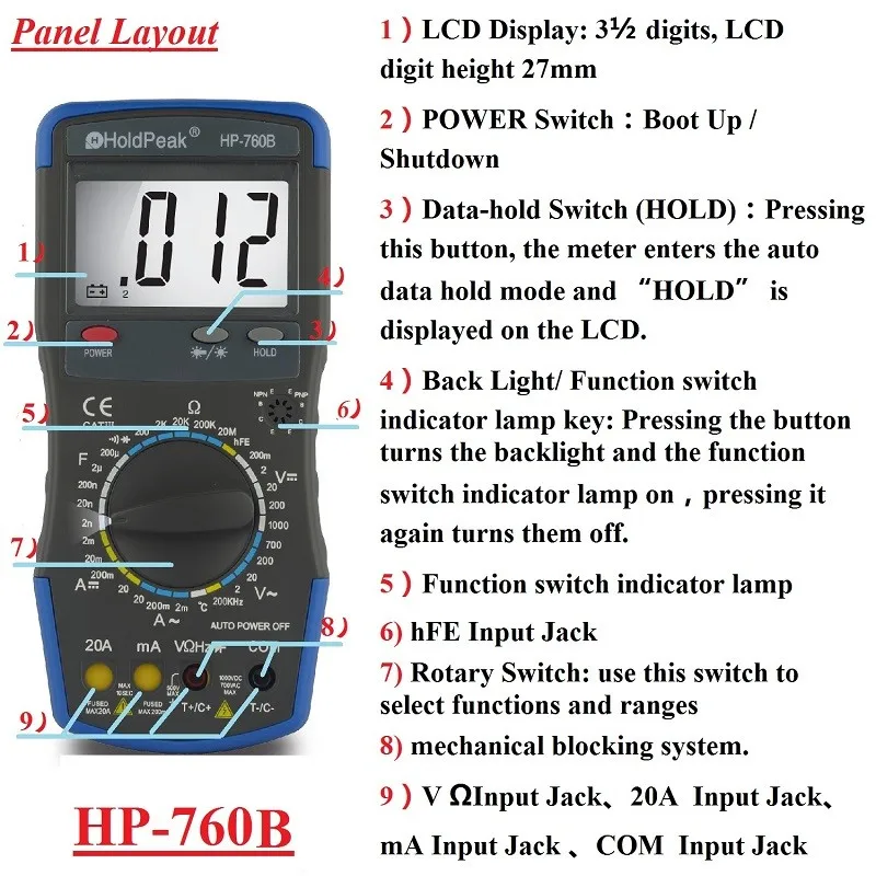 HoldPeak HP-760B цифровой универсальный тестер с частотой температуры сопротивление емкости тест и сумка для переноски