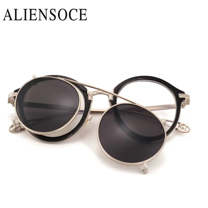 

ALIENSOCE Fashion Women Double Beam Sunglasses Flip Separable Lens Men Mirror Lens Clear Lens Vintage Glasses