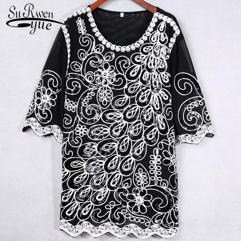 womens tops and blouses women shirts blusas mujer de moda 2019 plus size women O-Neck Half chiffon blouse women blouses 4028 50