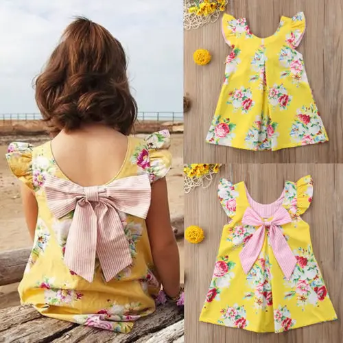 

Toddler Kids Baby Girls Summer Yellow Bowknot Sundress Floral Bowknot Tutu Dress Sweet Summer Clothes