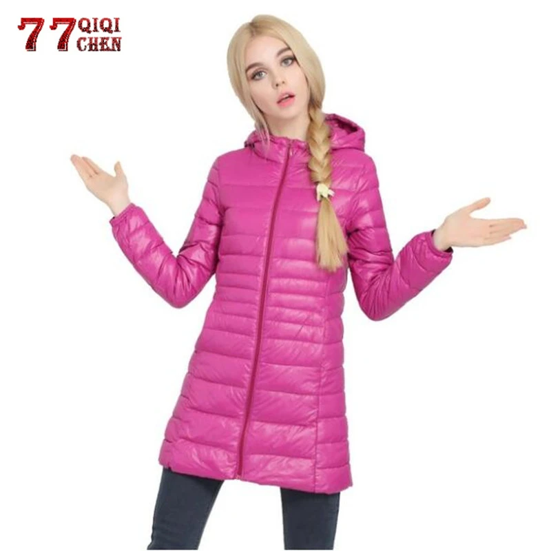 

Autumn Winter Ultra Light Down Jacket Women Windproof Warm Casual Hooded Long Coat White Duck Down Parkas Overcoat Plus Size 7XL
