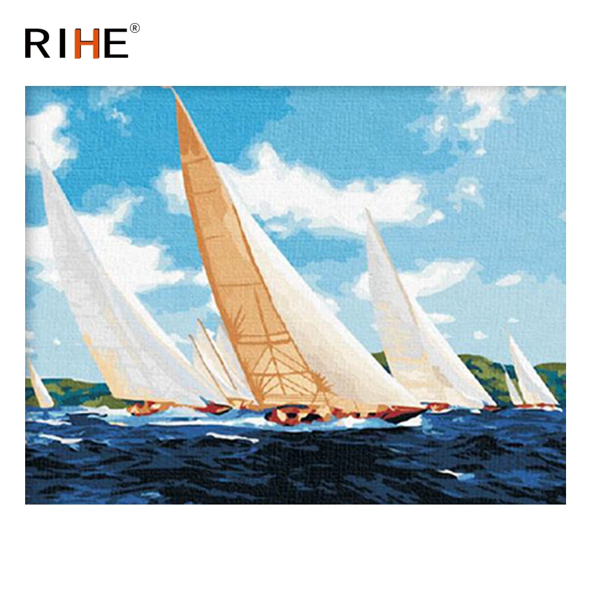 

RIHE Ocean Boats Diy Painting By Numbers Abstract Sky Oil Painting On Canvas Cuadros Decoracion Acrylic Wall Picture For Room