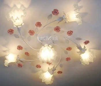 

European-style garden living room Romantic Restaurants white wrought iron pink ceramic flowers glass lampshade Ceiling Lamp c131