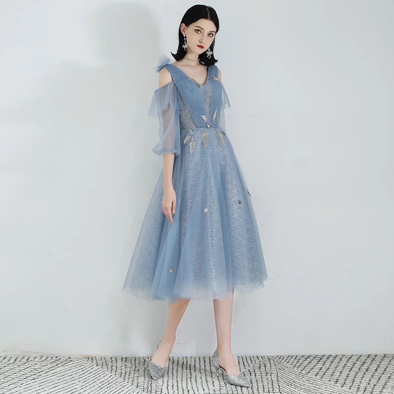 SSYFashion, новое серое синее коктейльное платье, 3/4 рукав, v-образный вырез, аппликация, вечерние, вечерние платья, платье для особых случаев, Vestido De Noche