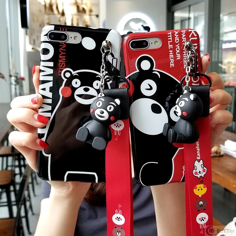 For iPhone X cartoon case Kumamon bear silicone back cover for 7/8 plus shell 6 6s plus+ cute toy holder + strap |