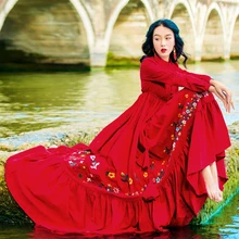 Khale Yose, красное винтажное платье макси с цветочной вышивкой и длинным рукавом, женские богемные шикарные платья с завязками на талии из хлопка и льна, Женские многослойные платья