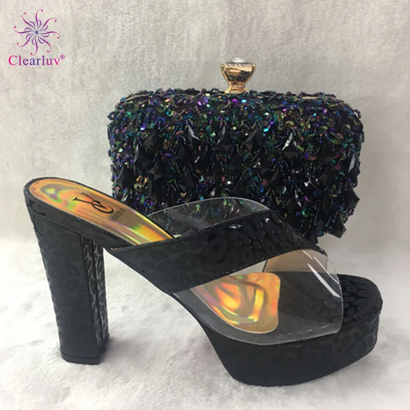 

Latest Black Color Italian Ladies Shoes and Bag Set Decorated with Rhinestone Nigerian Party Shoes and Bag Set High Quality Shoe